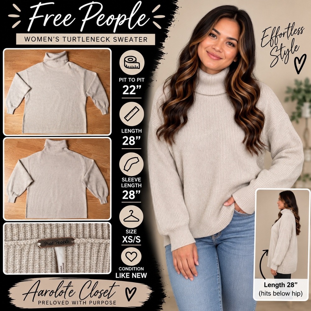 Free People Womens Turtleneck Sweater Oatmeal Beige Ribbed Knit XS/S Oversized
